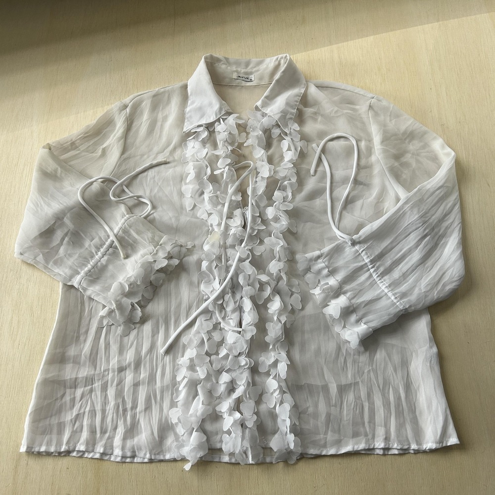 Y2K Jaipur Blouse Womens XL White Ruffle Front Sheer Chiffon Long Sleeve Top